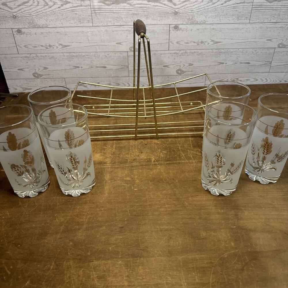 Mid Century Modern Frosted & Gold Wheat Pattern Highball Cocktail Glasses Caddy